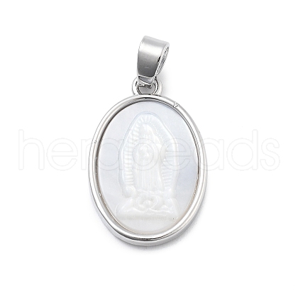 Brass Pave Carved Natural White Shell Religion Oval Pendants KK-D367-04P-C-1