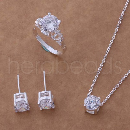 Brass with Crystal Rhinestone Pendant Necklace & Stud Earring & Ring FS-WG54E60-02-1