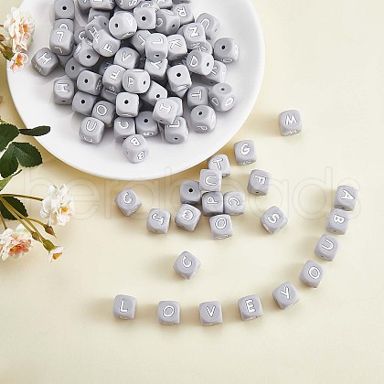 20Pcs Grey Cube Letter Silicone Beads 12x12x12mm Square Dice Alphabet Beads with 2mm Hole Spacer Loose Letter Beads for Bracelet Necklace Jewelry Making JX436K-1