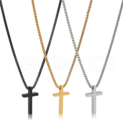 ANATTASOUL 3Pcs 3 Colors Titanium Steel Cross Pendant Necklace with Box Chains NJEW-AN0001-76-1