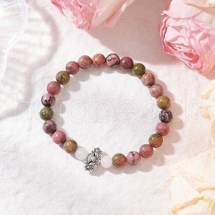 Natural Unakite & White Jade & Rhodonite Round Beaded Stretch Bracelets BJEW-JB11953-01-1
