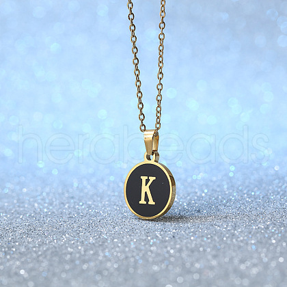 Alloy Black Enamel Flat Round with Letter Pendant Necklaces for Women WG4B845-11-1