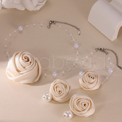 Rose Cloth & Plastic Pearl Beads Pendant Necklace & Stud  Earring & Charm Bracelets Sets FS-WG06DE4-01-1