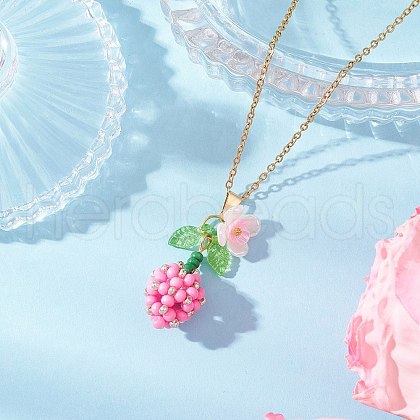 Glass Seed Beaded & Imitation Pearl Flower Pendant 304 Stainless Steel Cable Chain Necklaces for Women NJEW-MZ00115-05-1