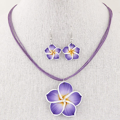 Flower Polymer Clay with Wax Cord Pendant Necklaces & Dangle Earrings Sets FS-WG2CAA9-03-1