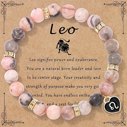 12 Constellations Natural Zebra Jasper Round Beaded with Enamel Heart Charm Bracelets WGB6967-07-1