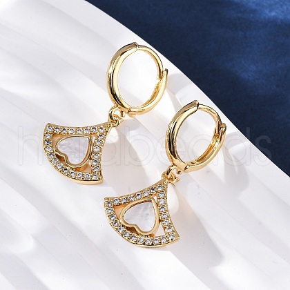 Fan with Heart Brass Micro Pave Clear Cubic Zirconia Hoop Earrings KK-D363-13G-1