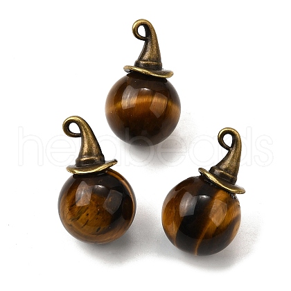 Natural Tiger Eye Round Pendants with Alloy Witch Hat G-D311-01AB-04-1