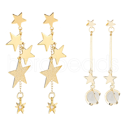 ANATTASOUL 2 Pairs 2 Style Cat Eye Planet & Brass Star Asymmetrical Earrings EJEW-AN0002-20-1