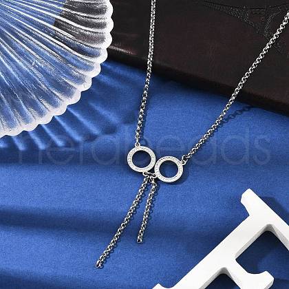 304 Stainless Steel Crystal Rhinestone Double Ring Pendant Rolo Chain Necklaces NJEW-JN05313-1