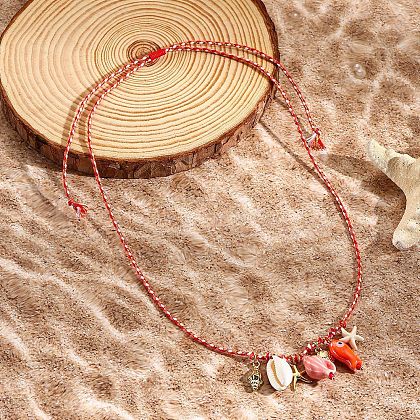 Summer Beach Porcelain Fish & Natural Cowrie Shell Pendant Cotton Cord Adjustable Necklaces FS-WG63638-01-1