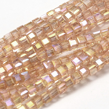 Faceted Cube Full Rainbow Plated Transparent Electroplate Glass Beads Strands EGLA-J133-FR07-1