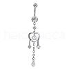Real Platinum Plated Brass Rhinestone Heart and Tassel Navel Ring Belly Rings AJEW-EE0001-75A-1