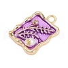 Brass Enamel & Natural Pearl Rectangle with Flower Pendants KK-K351-51G-03-2