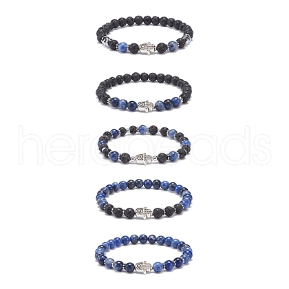 5Pcs 5 Style Natural Lava Rock & Sodalite Stretch Bracelets Set with Alloy Hamsa Hand Beaded BJEW-JB08737-1