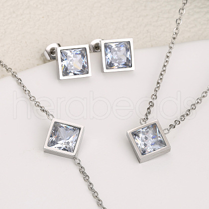 Rhombus 304 Stainless Steel Pave Clear Cubic Zirconia Link Bracelets & Stud Earrings & Pendant Necklaces FS-WG48BD9-02-1