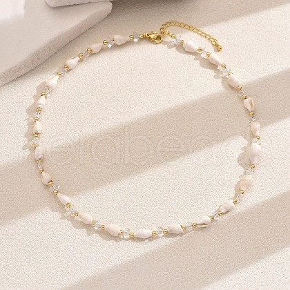 Bohemian Style Natural Shell & Brass & Glass Seed Beaded Necklace for Women Vacation Party PS4119-2-1