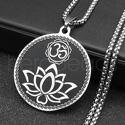 Yoga Theme 304 Stainless Steel Flat Round with Lotus & Moon Pendant Necklaces NJEW-S007-05P-1