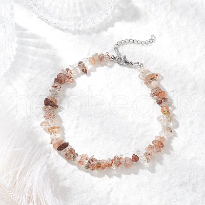 Natural Black Gold Rutilated Quartz Chip Beaded Anklets for Women AJEW-AN00695-1