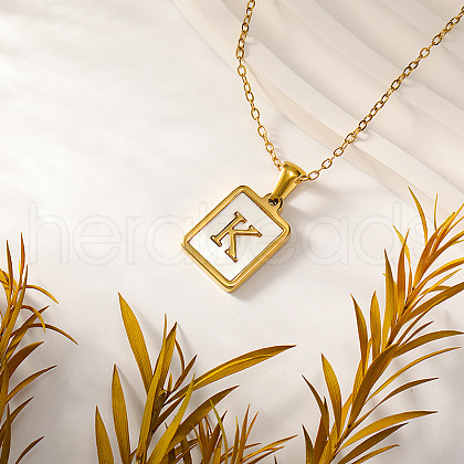 Rectangle Stainless Steel Pave Natural White Shell Initial Pendant Necklaces for Women FS-WGB5EDA-11-1
