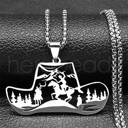 304 Stainless Steel Hollow Cowboy Hat Pendant Necklaces NJEW-H065-27P-1