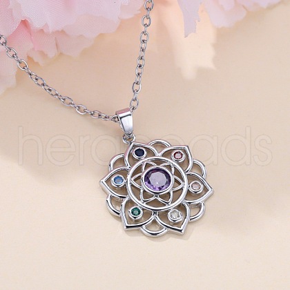 Chakra Lotus Flower Brass Pave Colorful Cubic Zirconia Pendant Necklaces for Women FS-WG17A97-01-1