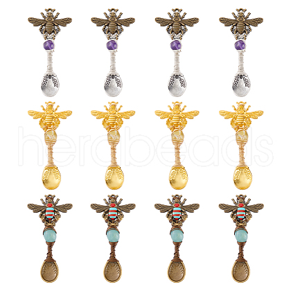 12Pcs 3 Colors Alloy Coffee Tea Spoon & Bee Pendants PALLOY-GA00013-1