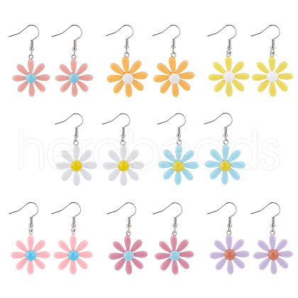 ANATTASOUL 8 Pairs 8 Colors Daisy Flower Resin Dangle Earrings EJEW-AN0001-35-1