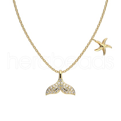 Summer Beach 925 Sterling Silver Micro Pave Clear Cubic Zirconia Cable Chain Whale Tail & Starfish Pendant Necklaces NJEW-Q342-02G-1