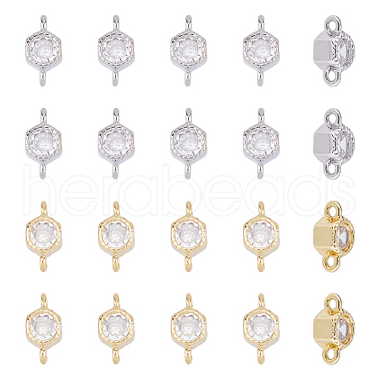 FIBLOOM 20Pcs 2 Colors Rack Plating Brass Pave Clear Cubic Zirconia Connector Charms KK-FI0001-05-1