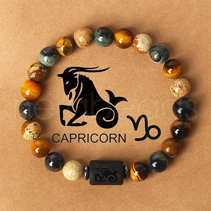 Twelve Constellations Natural Tiger Eye & Picture Jasper & Rhyolite Jasper Round & Column Beaded Stretch Bracelets for Women Men WG6FA5D-12-1