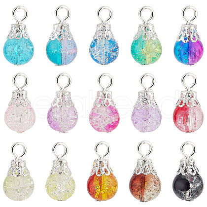 225Pcs 15 Colors Spray Painted Crackle Glass Pendants PALLOY-AB00090-1