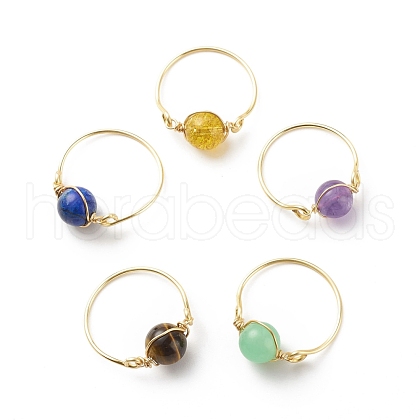 Round Natural Gemstone Braided Finger Ring RJEW-JR00496-1