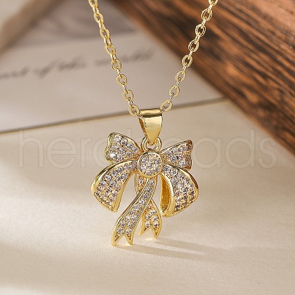 Brass Micro Pave Clear Cubic Zirconia Cable Chain Bowknot Pendant Necklaces for Women NJEW-C054-02B-G-1