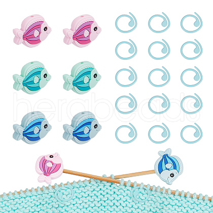  6Pcs 3 Colors Fish Silicone Beads Knitting Needle Protectors/Knitting Needle Stoppers DIY-NB0010-36-1