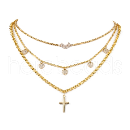 Brass & Stainless Steel Micro Pave Clear Cubic Zirconia Pendant Necklaces NJEW-JN04874-1