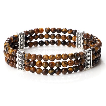 Round Natural Tiger Eye & Alloy Multi-Strand Beaded Stretch Bracelets for Women Men GQ0306-7-1