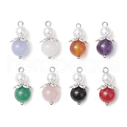 8Pcs 8 Styles Natural Mixed Gemstone & ABS Plastic Imitation Pearl Round Angel Pendants PALLOY-JF03773-1