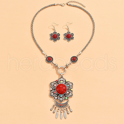 Flower Bohemian Ethnic Style Zinc Alloy & Resin Pendant Necklace & Dangle Earring Sets FS-WGD47C5-03-1