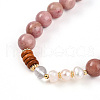 Round Natural Fresh Water Pearl & Red Agate Rhodonite & Quartz Crystal Beaded  Wrap Bracelets for Men Women BJEW-T022-07-5