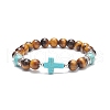 Natural Tiger Eye & Synthetic Turquoise(Dyed) Cross Beaded Bracelet BJEW-TA00179-01-1
