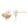 Brass Ginkgo Leaf & Natural Pearl Stud Earrings PEAR-N020-06F-2