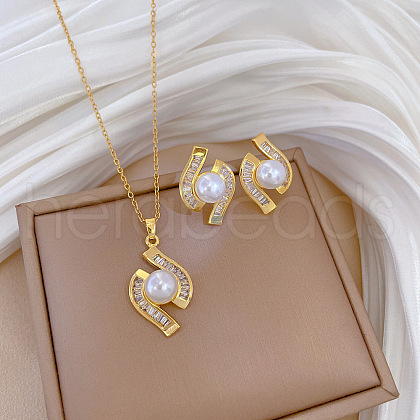 Brass Micro Pave Cubic Zirconia with Plastic Pearl Pendant Necklace & Stud Earrings WG7AC39-161-1