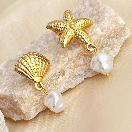 Starfish & Shell Shape 304 Stainless Steel Plastic Pearl Dangle Stud Earrings EJEW-G422-01G-02-1