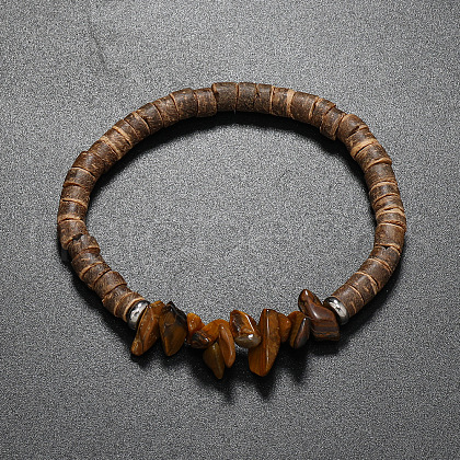 Natural Tiger Eye Chips & Coconut Disc Beaded Stretch Bracelet UM3945-6-1