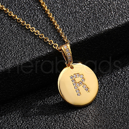 Brass Micro Pave Clear Cubic Zirconia Flat Round with Letter Pendant Necklaces FS-WG00655-18-1