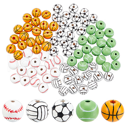 SUNNYCLUE 100Pcs 5 Style Painted Natural Wood European Beads WOOD-SC0001-40-1