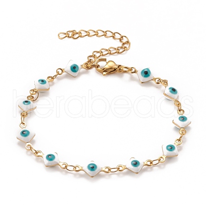 Enamel Rhombus with Evil Eye Link Chains Bracelet BJEW-P271-03G-02-1