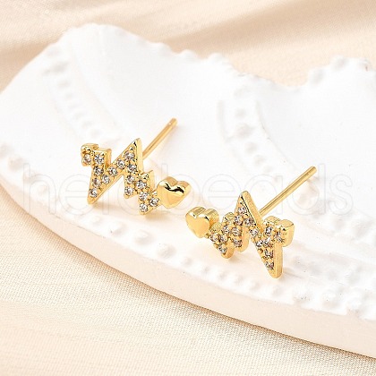 Heartbeat Brass Micro Pave Clear Cubic Zirconia Stud Earrings EJEW-G433-06G-1