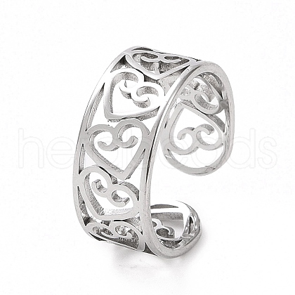 Non-Tarnish 304 Stainless Steel Hollow Out Heart Open Cuff Ring for Women RJEW-C053-06P-1